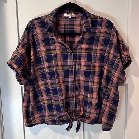 Madewell plaid semi-crop tie-front button-down blouse XL - Picture 1 of 4